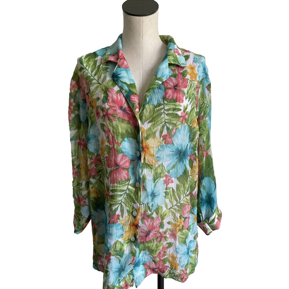 Cathy Daniels Tropical Resort 3/4 Sleeve V Neck Semi Sheer Floral Top Size 1X